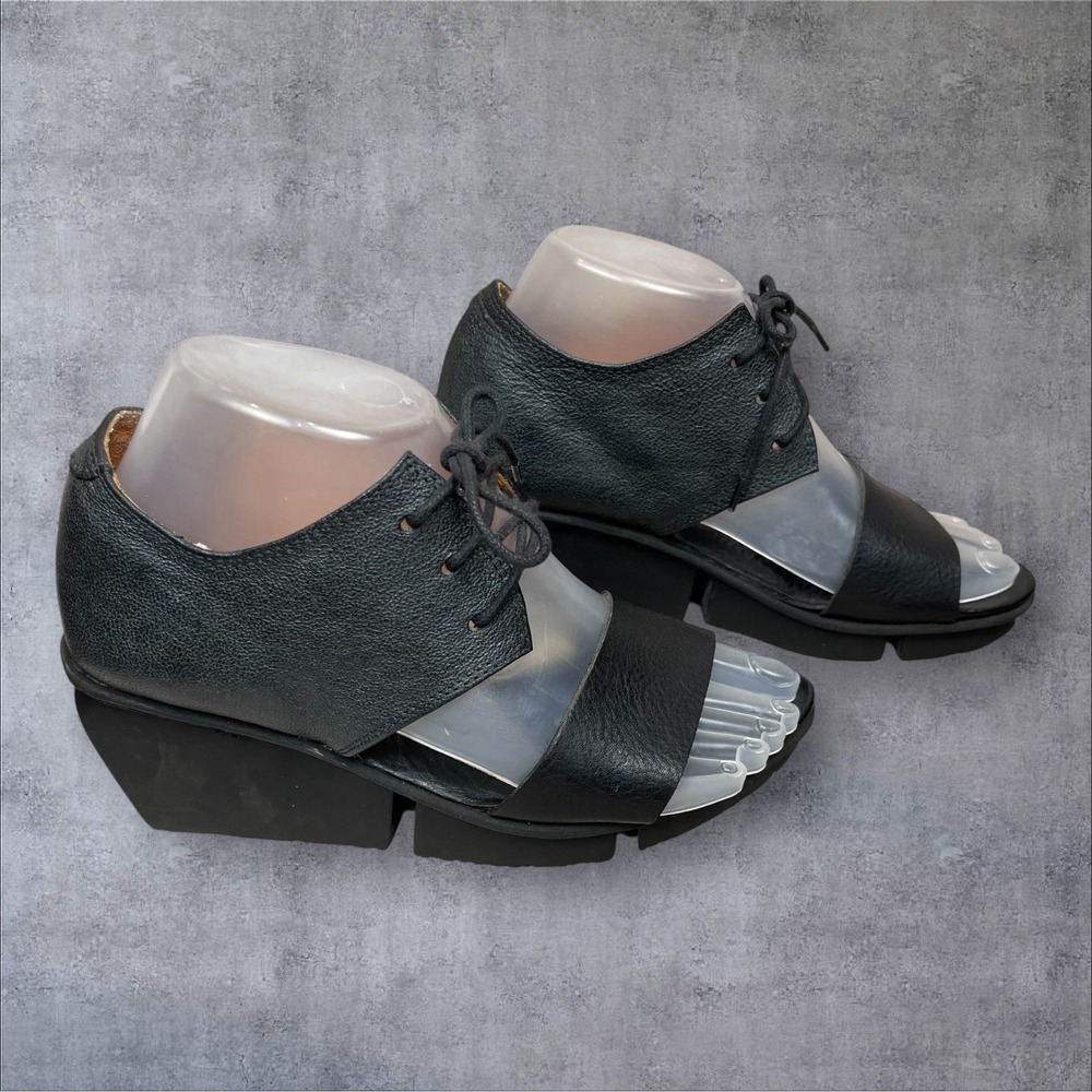 Trippen Black/Silver Leather Lace Up Ankle Sandals Womens 37 Wedge Avant Garde